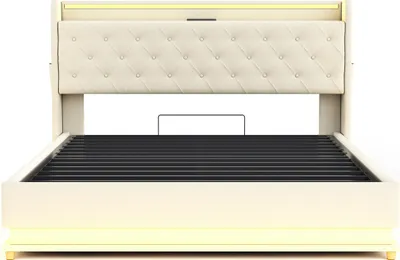 Produktbild von Flieks Polsterbett 160x200cm mit USB, Stauraumbett Doppelbett mit Lattenrost und LED, Hydraulisches Boxspringbett Jugendbett, Leinen, Beige