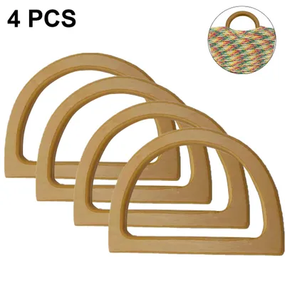 Four wooden D-shaped bag handles are arranged in a staggered formation against a white background. A small circular inset image in the upper right corner shows a colorful woven bag with a similar wooden handle.