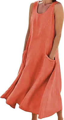 Produktbild von ASKSA Damen Sommer Baumwoll Tankkleid Einfarbig A-Linie Strandkleid Lose Kleider Sommerkleid mit Taschen, Orange, 2XL