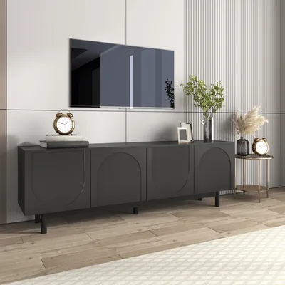 Produktbild von STILVORA TV-Schrank Sideboard TV-Lowboard mit 4 strukturierte Türen,Fernsehtisch TV-Möbel mit verstellbare Trennwände für Wohnzimmer,Lange 175cm, schwarz