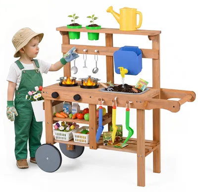 Produktbild von COSTWAY Matschküche Kinder Outdoor, Kinderküche für Kinder 3+ mit Blumentöpfen, 15 Zubehörteilen, Rädern, Wassertank, Waschbecken & Ablagefächern