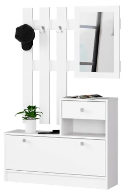 Produktbild von Garderoben-Set, 2-teilig, Schuhkommode mit Aufsatz und Schublade B25 x H170 x T90 cm sowie Wandgarderobe mit Spiegel B90 x H100 cm, Gewicht 39 kg