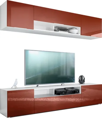 Produktbild von Vladon Wohnwand Mogan, Weiß matt/Bordeaux Hochglanz - Moderne Anbauwand bestehend aus 2 TV-Boards (181 x 147 x 35 cm)