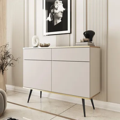 Productafbeelding van Kommode/dressoir FORNO, beige en goud, glamour, Art Deco stijl, met 2 deuren en 2 lades, zwarte poten