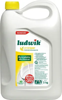 A large white plastic bottle of dish soap with a yellow cap and a label featuring the brand name 'Ludwik', lemon imagery, and product details.