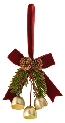 Weihnachtsanhänger mit 3 goldenen Glöckchen, Tannenzapfen & Schleife