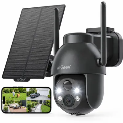 Produktbild von ieGeek 2K 3MP Solar überwachungskamera Aussen mit PIR Bewegungsmelder 2.4GHz WLAN 360° PTZ kabellos IP65 2 Wege Audio Farbnachtsicht
