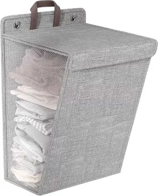 Imagen del producto de AIORBER, cesta de ropa plegable para colgar en la pared, tamaño mediano (45x35x10 cm), color gris, con tapa, impermeable, que ahorra espacio, ideal para dormitorios y baños