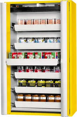 Produktbild von Sicherheitsschrank Typ 90 - Falttüren - ca. 2 x 1,2 x 0,6 m (HxBxT) - 5 Auszugswannen - goldgelb - Edelstahl