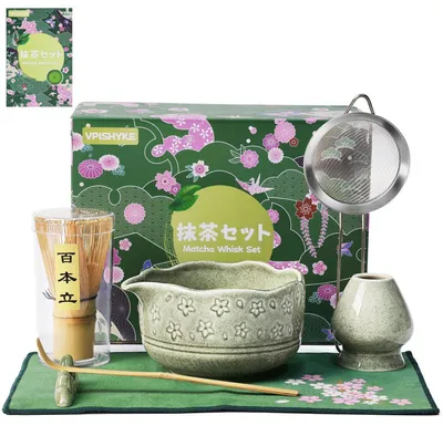 Immagine prodotto di Set da tè Matcha, composto da 7 elementi: spazzolino in bambù, ciotola, setaccio e accessori. Matcha verde