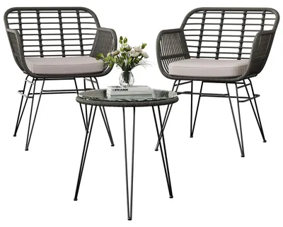 Image de Ensemble de jardin en polyrotin pour l'extérieur - Ensemble de mobilier de jardin 3 pièces - 2 fauteuils + table en verre - Structure en métal - Coussins résistants à l'eau - Gris