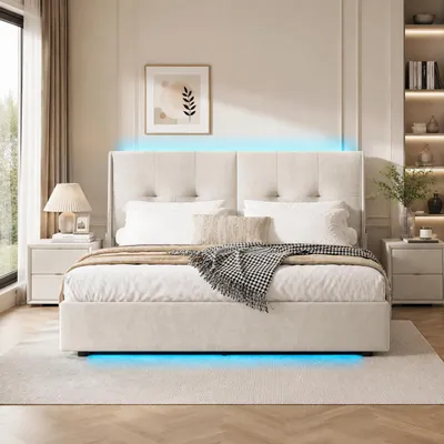 Zdjęcie produktu dla Łóżko tapicerowane INONEFT, 140x200 cm, z oświetleniem LED, łóżko młodzieżowe z 2 kieszeniami po bokach, łóżko typu boxspring z hydraulicznym pojemnikiem na pościel, obite welurem, kolor beżowy, Obraz wygenerowany przez AI