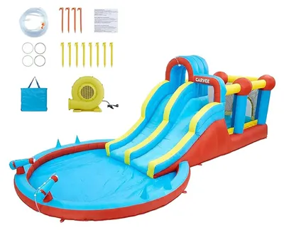 Image de Parc aquatique gonflable pour enfants - Château gonflable 8-en-1 - Deux toboggans - Grande piscine - Mur d'escalade - Souffleur de 550 W - Adapté pour l'intérieur et l'extérieur