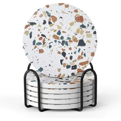 Image de Lot de 6 dessous de verre avec support, 10,2 cm, absorbants, dos en liège, motif terrazzo