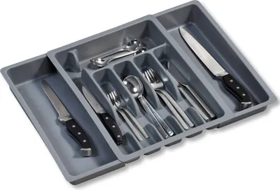 Produktbild von KESPER Variabler Besteckkasten aus Kunststoff, grau, ausziehbar ca. 29-50cm x 38cm x 6,5cm