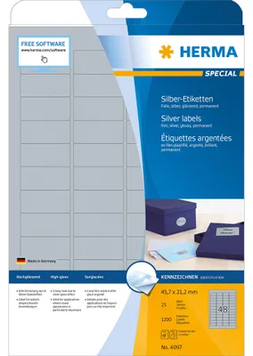Obrázek produktu pro HERMA 4097, Stříbrná, Samolepicí štítek, A4, Polyester, Laser, Permanentní