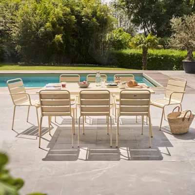 Produktbild von Gartentisch und 8 Metallsessel Elfenbein - Oviala Palavas