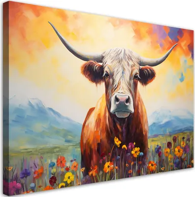 Produktbild von Leinwandbild Highland-Kuh Blumen 100x70 Feeby Braun bild für die wand bereit zum aufhängen