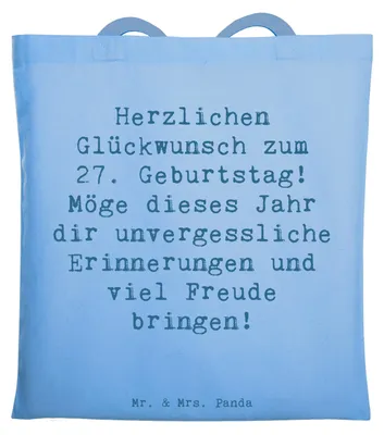 Produktbild von Mr. & Mrs. Panda Tote Bag Spruch 27. Geburtstag - Sky Blue - Geschenk, liebevolle Geschenke, Happy Birthday, Schultasche, Shopping Tasche, Jutebeutel, Meilenstein