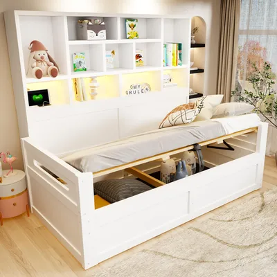 Produktbild von Flieks Hydraulisches Tagesbett 90x200cm mit Led, Schlafsofa Holzbett mit Steckdosen, Jugendbett Einzelbett mit offenen Staufächern, Daybed Weiß