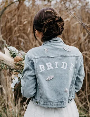 Produktbild von Nysashop Bride Jeansjacke boho mit Strass Applikationen I Hochzeit I Braut Größe L