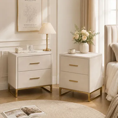 Produktbild von Nachttisch 2er Set,kleiner Beistelltisch mit Stauraum,Wellenfront & Metallbeinen,Nachtschrank Beige für Wohnzimmer,Schlafzimmer,40x40x55 cm, KI-generiertes Bild