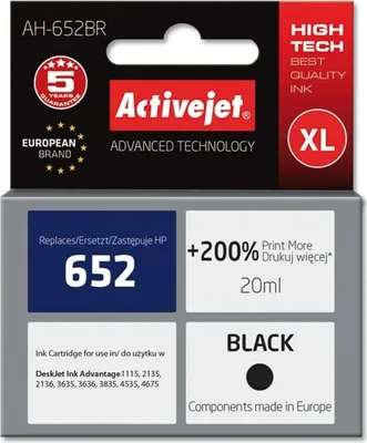 Zdjęcie produktu dla Activejet AH-652BR ink for HP printer; HP 652 F6V25AE replacement; Premium; 20 ml; black