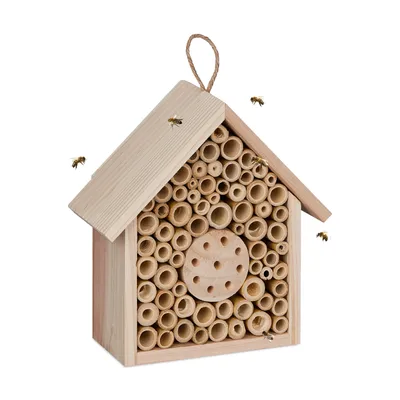 Produktbild von Relaxdays Bienenhotel, Holz, Insektenhotel Wildbienen, Garten, Balkon, zum Aufhängen, HxBxT: 20,5 x 19,5 x 8,5 cm, natur