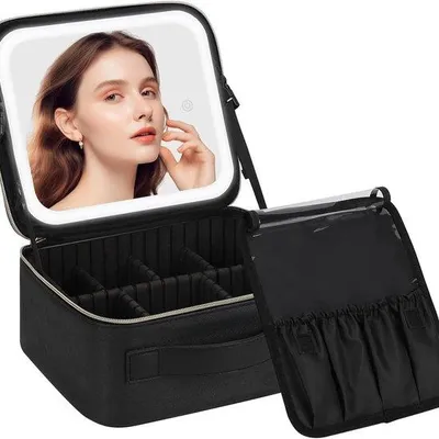 Image de Trousse de maquillage avec miroir LED, 3 niveaux d'éclairage, miroir de courtoisie avec loupe, éclairage de maquillage avec grossissement 10x, cloison réglable, rangement pour maquillage, noir.
