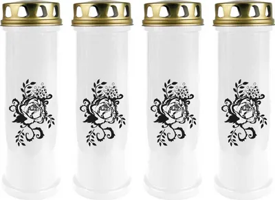 Produktbild von Grabkerze Weiß 4er Pack, Brenndauer: 100 Stunden ( je Kerze ), Motiv: Rose Ranke