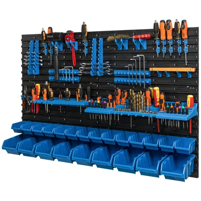 A wall-mounted tool organizer with various tools and storage bins.