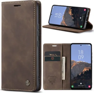 A collage of images showing a brown leather flip phone case for a Samsung Galaxy A54 5G, with the phone inside and cards in the case.