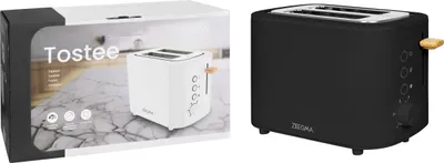 A product box showing a white toaster and a black toaster, with text and icons on the box.