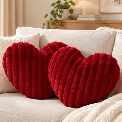 Herzkissen 2er-Set, kuschelig, 46x36 cm, rot/weiß, Plüsch