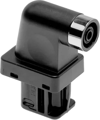 A close-up studio shot of a black angled connector with a silver rim.
