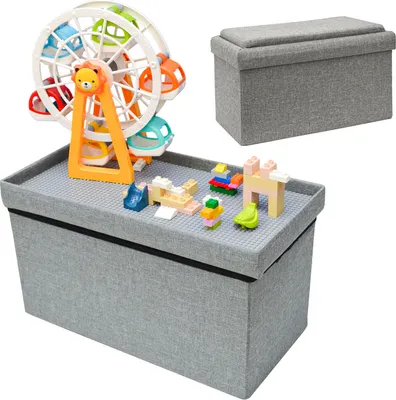 Produktbild von Kinder Aufbewahrungsbox mit Bauplatte - 53x27x30 Sitzbank - Baustein Spieltisch