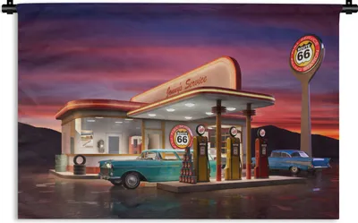 Produktbild von MuchoWow® Wandteppich Wandbehang Tankstelle - Auto - Oldtimer 150x100 cm Tapisserie Dekoration Wandtuch - Waschbar - Tapisserien - Wand-Decke