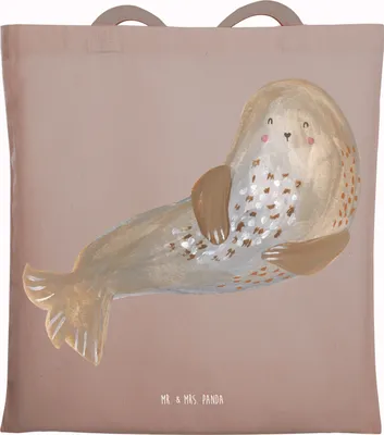 Produktbild von Mr. & Mrs. Panda Tote Bag Robbe Lachen - Braun Pastell - Geschenk, Strand, Meerestier, Laptoptasche, Jutebeutel, Ostsee, Seehund, totebag, Schultasche, Tragetasche
