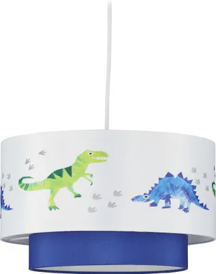 Produktbild von Relaxdays Dino Hängelampe, runder Lampenschirm mit Dinosaurier-Motiv, für Kinder- & Babyzimmer, HxD 126x30 cm, weiß-blau