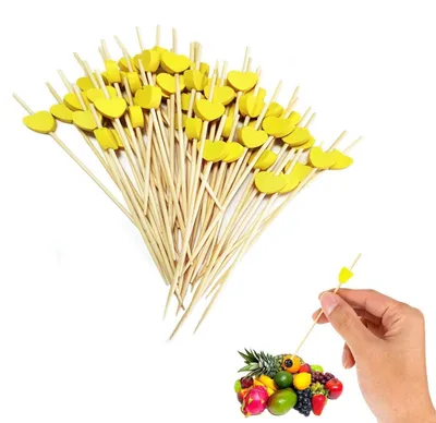 Zdjęcie produktu dla Szaszłyki do koktajli, drewniane, 100 sztuk, kształt serca, kolor żółty, długość 12 cm