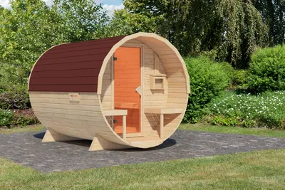 Produktbild von Karibu Saunahaus Außensauna Saunafass Fasssauna 2 unbehandelt ohne Ofen im Set mit 4 Paketen Rechteckschindeln dunkelrot 38mm Massivholz 224x299x229 cm