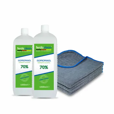 Produktbild von ferdoclean Isopropanol 70% 2 x 1L Isopropylalkohol (IPA) 2-Propanol + 3 x Microfasertücher 380GSM 40 x 40 cm blauer Rand
