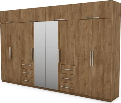 Produktbild von Meblast | Moderner Kleiderschrank mit Spiegel 360x220 cm - Schlafzimmerschrank mit Kleiderstange, Schubladen & Ablagen | Lefkas Eiche, Praktisch