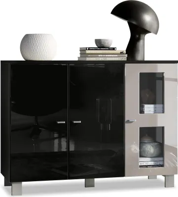 Produktbild von Vladon Sideboard Denjo,  Germany, Kommode mit 3 Türen, Schwarz matt/Schwarz Hochglanz/Sandgrau Hochglanz (107 x 81 x 35 cm)