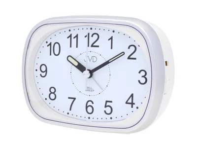 A white analog alarm clock with a silver frame, shown against a white background.