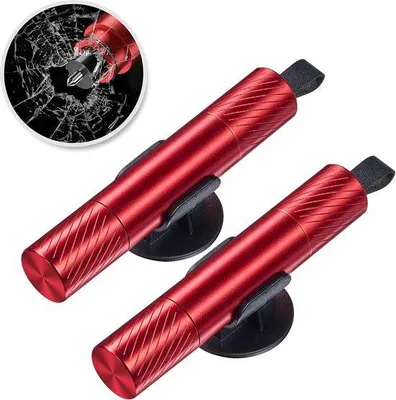 Image de Marteau de secours - Coupe-harnais 2 en 1 et brise-vitre de sécurité - avec vitre d'essai et support autocollant - Sécurité - Rouge - Lot de 2