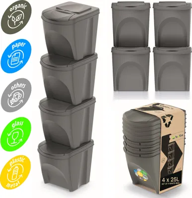Obrázek produktu pro Sada 4 košů na třídění odpadu - Sada 4x25L košů na odpadky v barvě šedého kamene pro stohování Kompaktní modulární a lehké Jednoduché třídění odpadu z domácnosti Plastové provedení