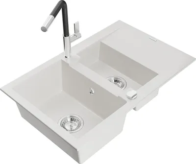 Immagine prodotto di Mexen Gaspar lavello in granito 1,5 vasca con scolapiatti e rubinetto da cucina Flora, bianco - 6507-20-670401-07