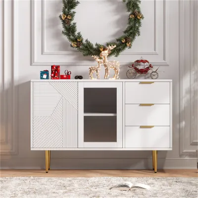 Productafbeelding van AIORBER Kommode, met metalen poten, 3 lades en 2 deuren, glazen deuren, ruime opbergruimte, geschikt voor woonkamer en slaapkamer, afmetingen 120x38x79,5 cm, zwart