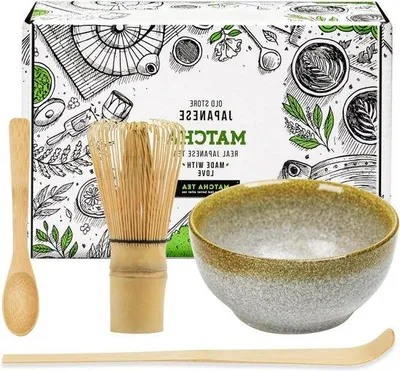 Produktbild von Japanischer Matcha-Tee-Set - 4-teiliges Matcha-Schneide-Set mit 100 Teelöffeln - Traditioneller Theelepel - Keramische Matcha-Schale - Teezeremonie-Zubehör - Matcha-Teemachen